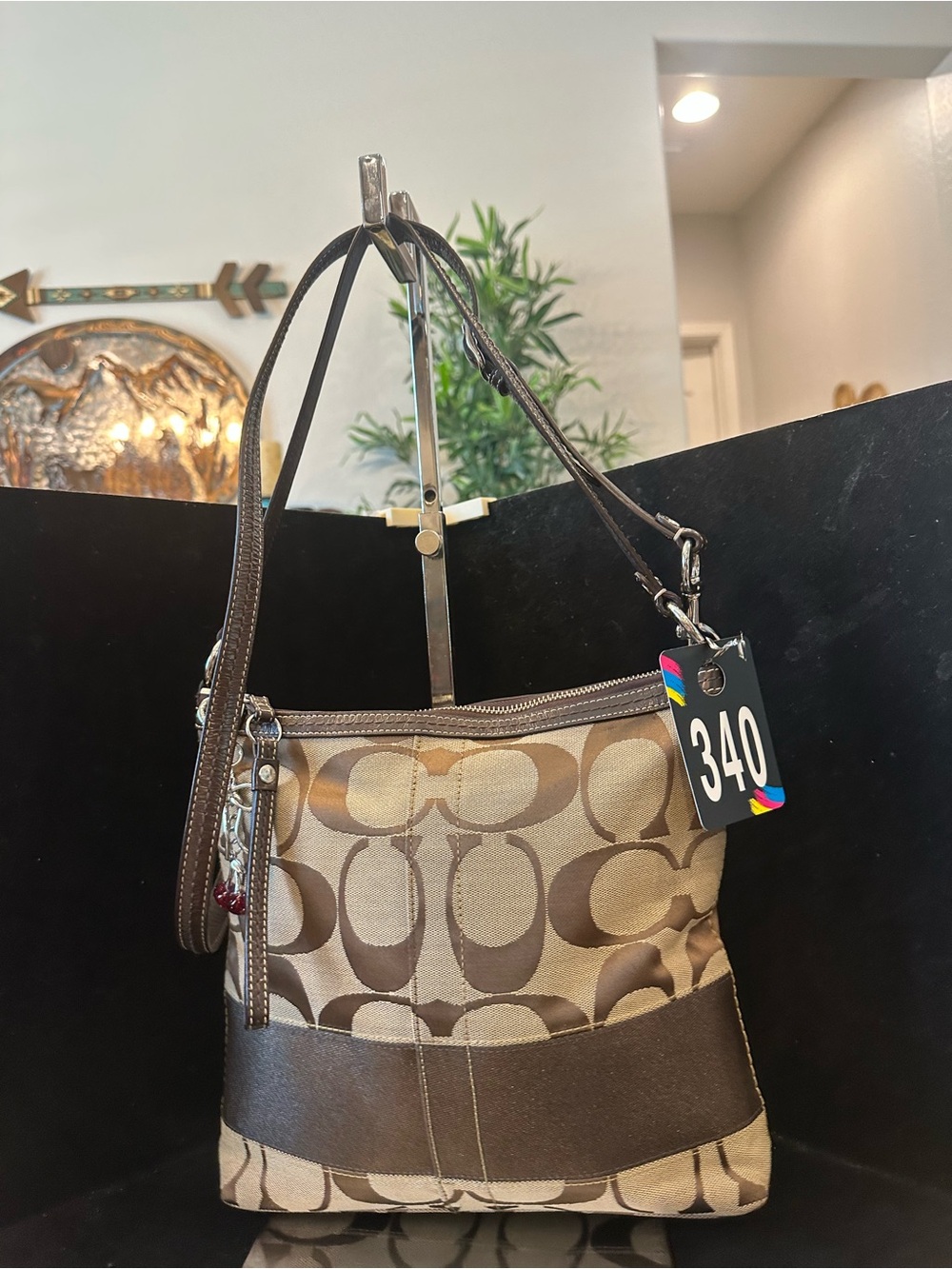 Coach #340 Stripe Brown Signature Canvas and Leather Crossbody